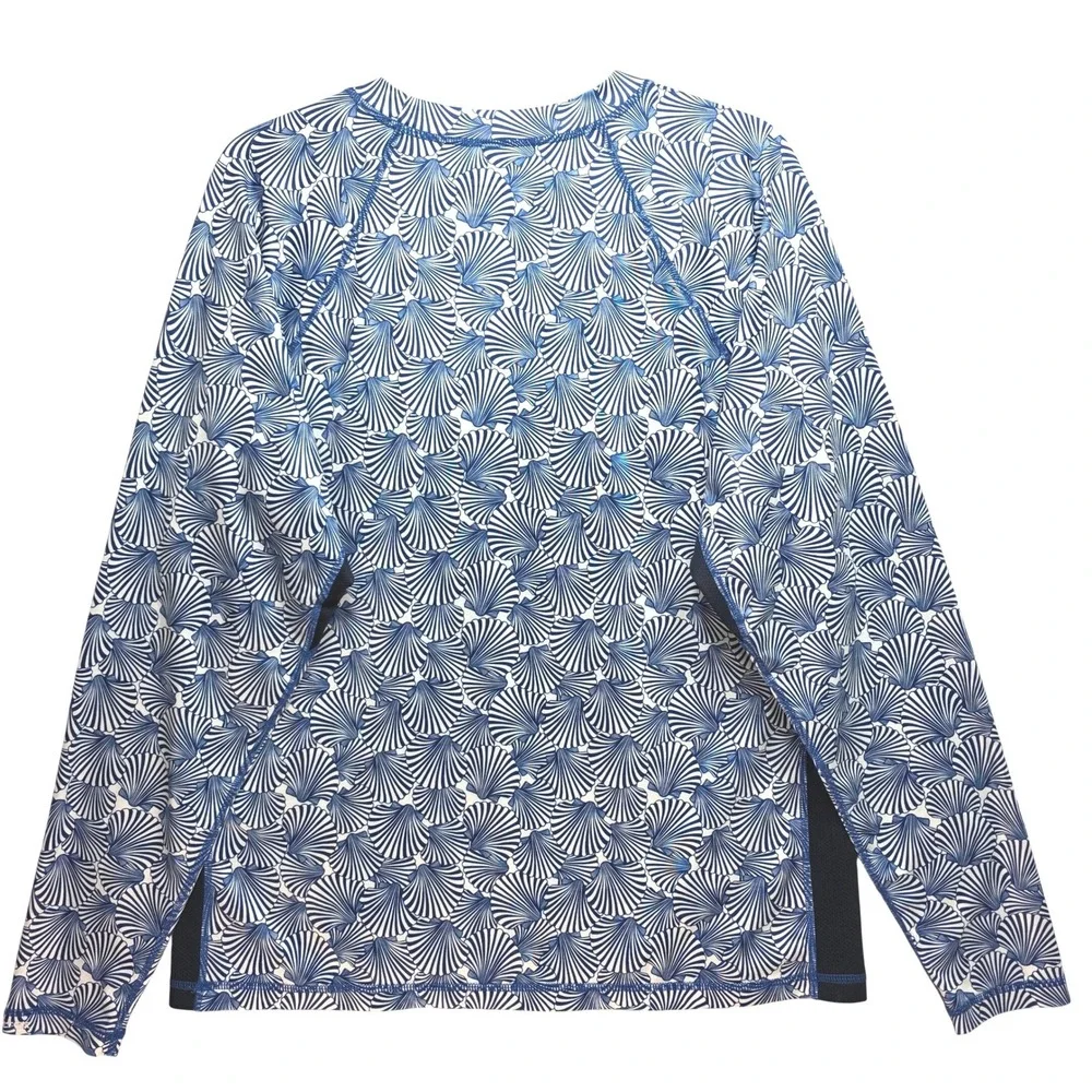 Tormenter Fishing Mens Blue Seashell Rash Guard SPF 50 Long Sleeve Shirt Large